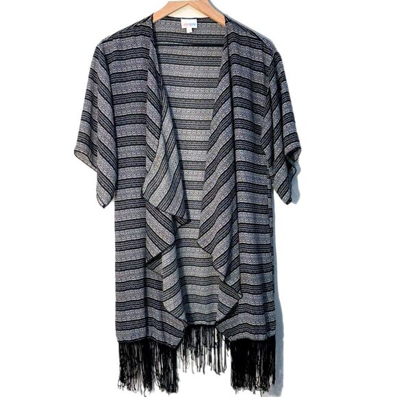 LuLaRoe BlackGray White Striped Kimono Women’s S Water fall Front Short Sleeve. - Picture 1 of 9